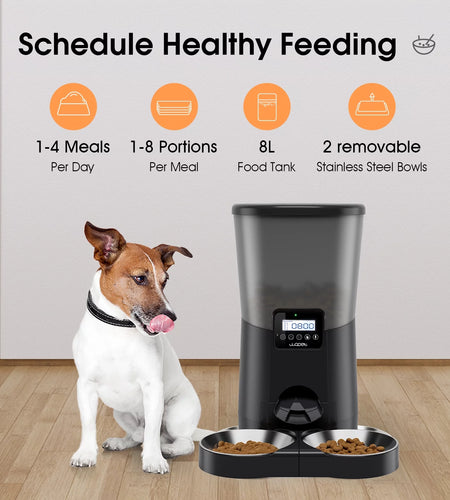 Automatic Dog Feeders, Pet Food Dispenser, Cat Feeder with Dual Stainless Steel Bowl for 2 Cats Pets, 8L, Black