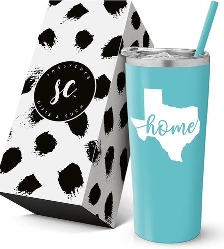 Texas Mug | Vacuum Insulated Stainless Steel Texas Tumbler Cup | Texas Theme Graduation | Moving Away Travel Mug for Texans | Texas Coffee Cup | Texas Home Decor (22 Ounce, Aqua Blue)