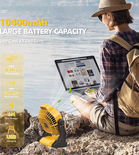 Camping Fan with LED Lantern, 10400Mah 9-Inch Rechargeable Outdoor Tent Fan, 270°Head Rotation, Stepless Speed and Quiet Battery Operated USB Fan for Picnic, Barbecue, Fishing, Travel