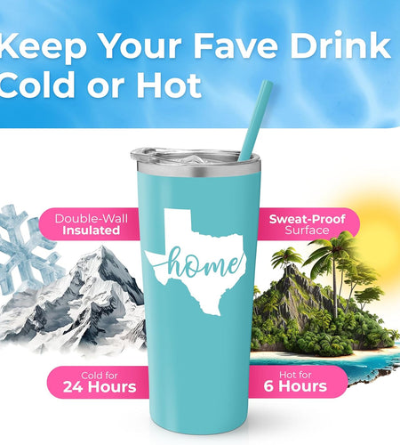 Texas Mug | Vacuum Insulated Stainless Steel Texas Tumbler Cup | Texas Theme Graduation | Moving Away Travel Mug for Texans | Texas Coffee Cup | Texas Home Decor (22 Ounce, Aqua Blue)