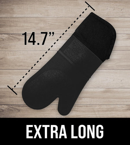 Extra Long Professional Silicone Oven Mitt, Oven Mitts with Quilted Liner, Heat Resistant Pot Holders, Flexible Oven Gloves, Black, 1 Pair, 14.7 Inch