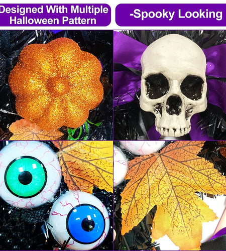 16 Inch 20 LED Halloween Skull Wreath Decoration, Purple Lights 5 Glitter Pumpkins 3 Eyeballs 3 Berry Stems 6 Maple Leaves Battery Operated for Front Door Halloween Decor Home Indoor Outdoor