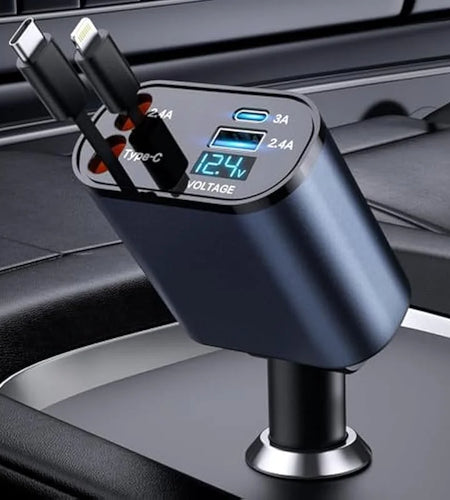 Retractable Car Charger, 4 in 1 Fast Car Phone Charger 100W, 2 Retractable Cables and USB Car Charger,Compatible with Iphone