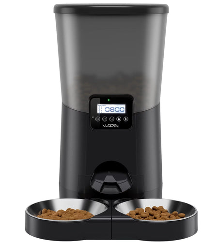 Automatic Dog Feeders, Pet Food Dispenser, Cat Feeder with Dual Stainless Steel Bowl for 2 Cats Pets, 8L, Black