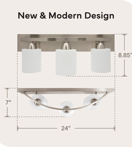 | Bathroom Vanity Light Bar | Interior Bathroom Lighting Fixtures with Modern Glass Shade | Bathroom Lights over Mirror | (Brushed Nickel, 3 Lights, E26 100W LED, Bulbs Not Included)