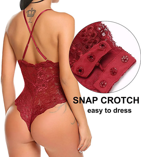 Lace Bodysuit for Women Lingerie Sexy Snap Crotch Teddy One Piece Lace Babydoll(Brown,S)