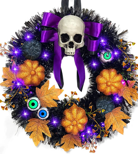 16 Inch 20 LED Halloween Skull Wreath Decoration, Purple Lights 5 Glitter Pumpkins 3 Eyeballs 3 Berry Stems 6 Maple Leaves Battery Operated for Front Door Halloween Decor Home Indoor Outdoor
