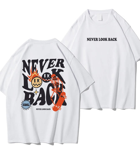 Never Look Back Creative Smile Skull Printing Cartoons Street Print Tshirt Man Loose Tee Clothes Cotton Crewneck Tops T-Shirt